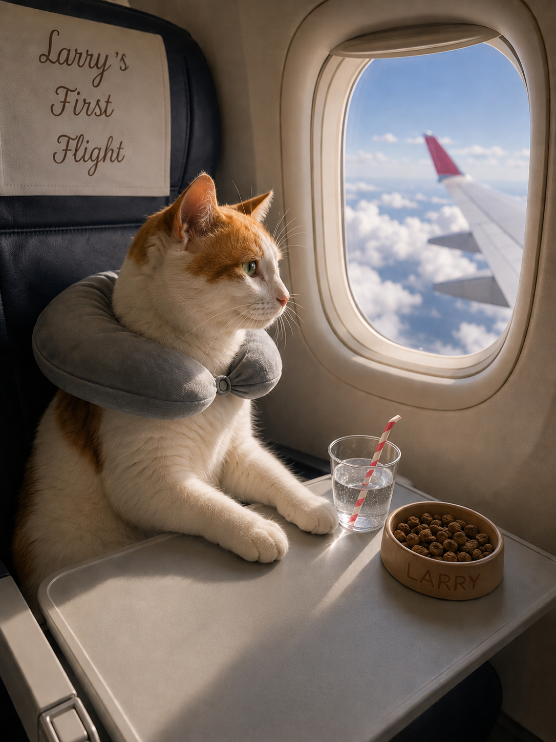 a red orange cat with a bowl of food in front on a plane looking the wing and the clouds