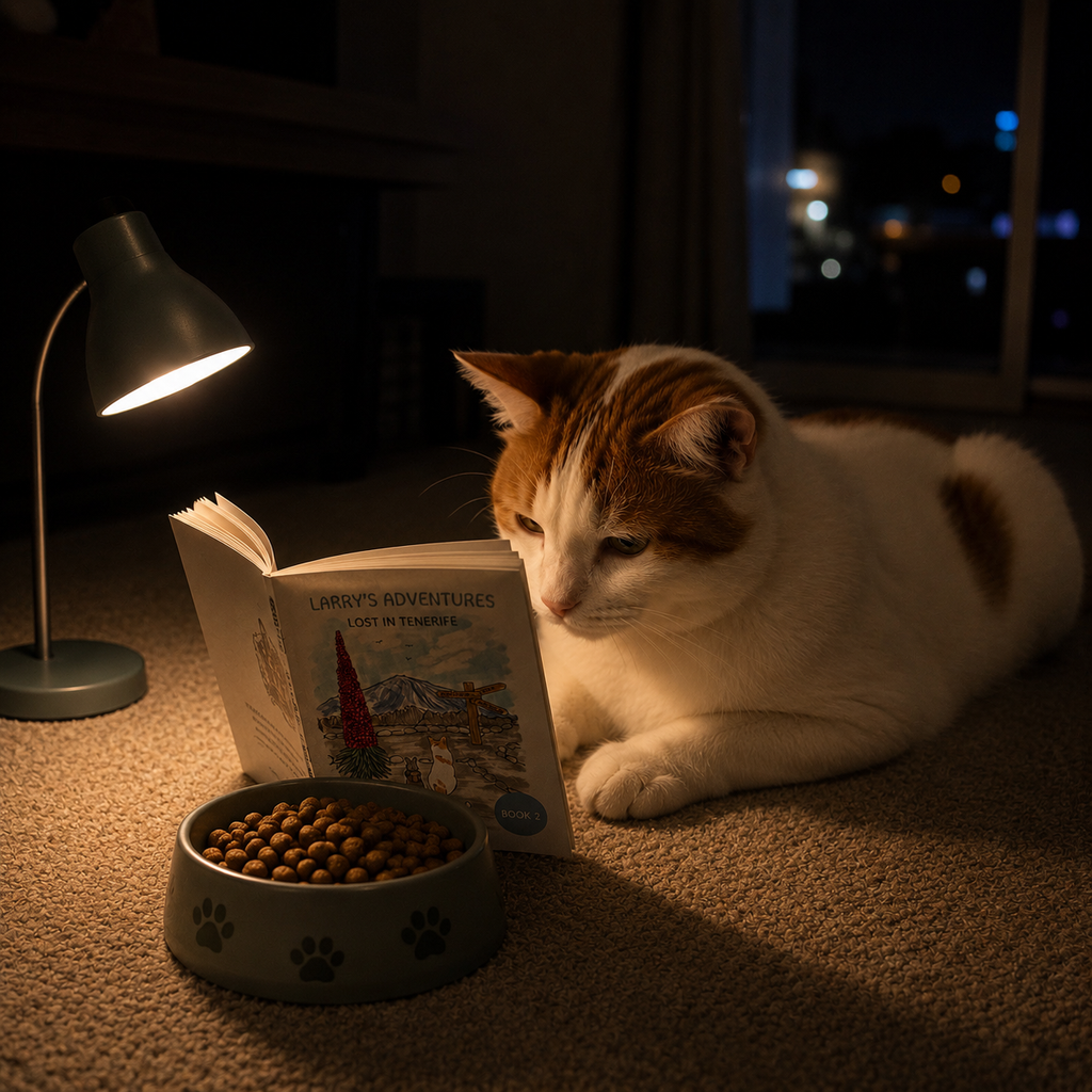 Cat lying next to a book and food bowl under a lamp in a dimly lit room.
