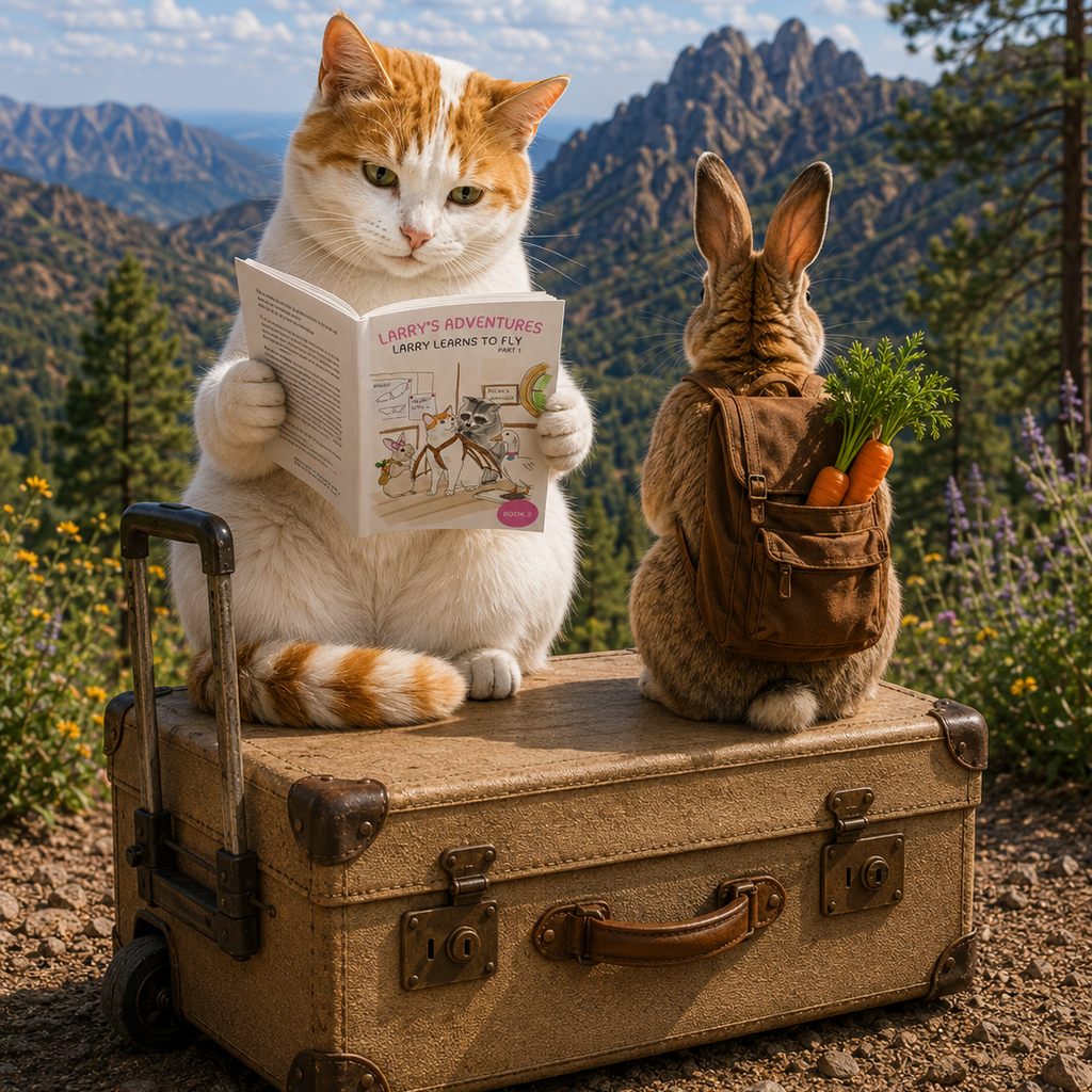 Cat reading a book to a rabbit on a mountain trail