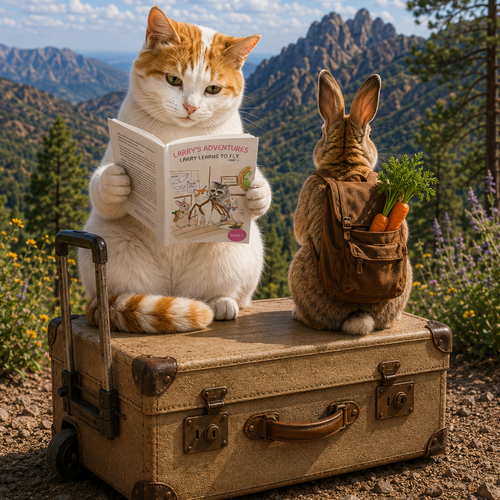 Cat reading a book to a rabbit on a mountain trail