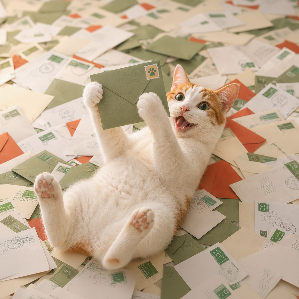 Cat playing with envelopes on a floor covered with letters and cards