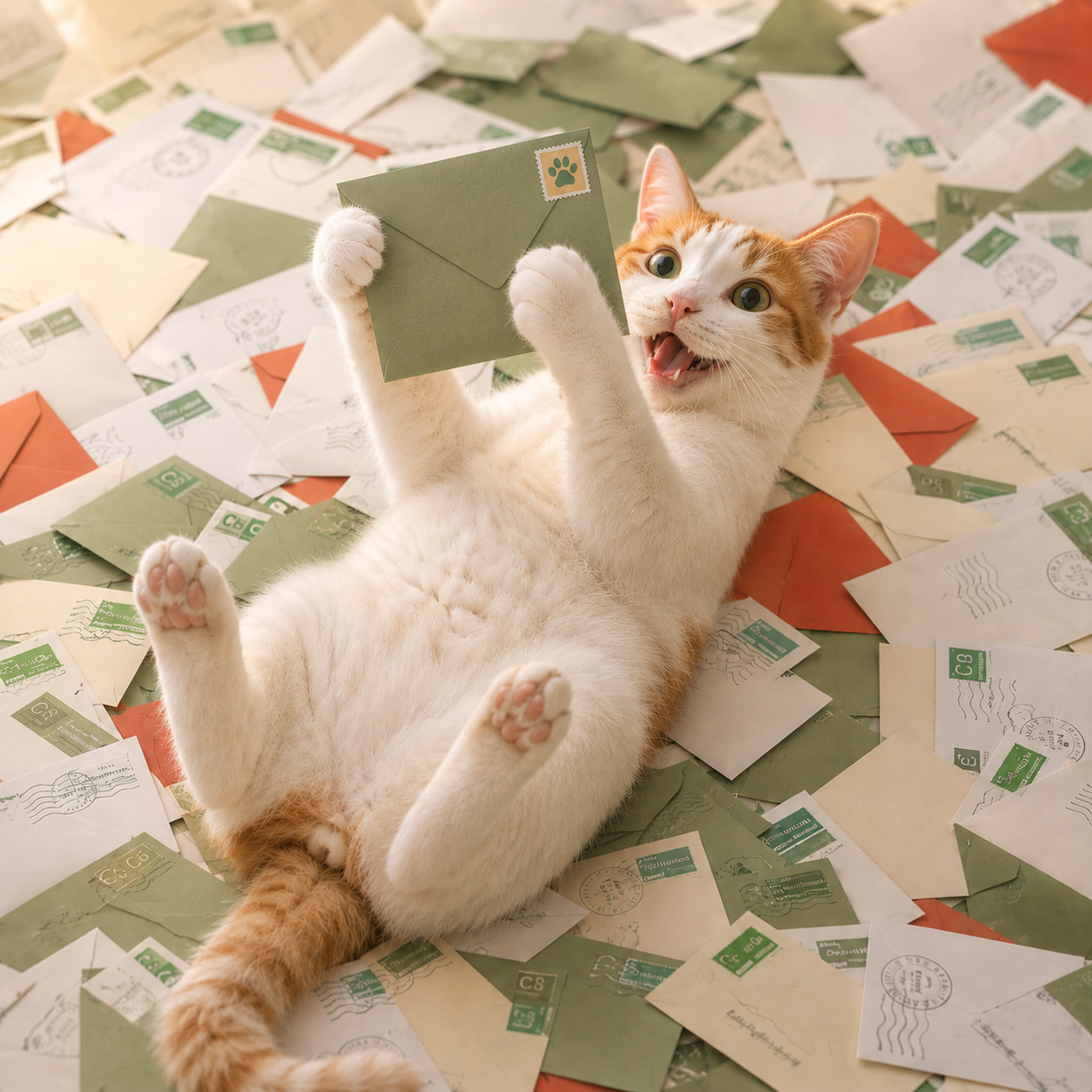 Cat playing with envelopes on a floor covered with letters and cards
