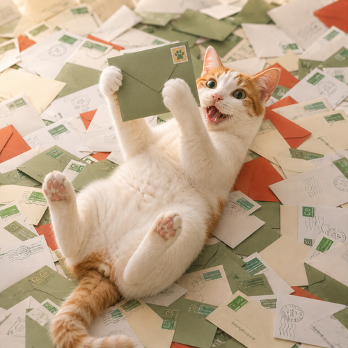 Cat playing with envelopes on a floor covered with letters and cards