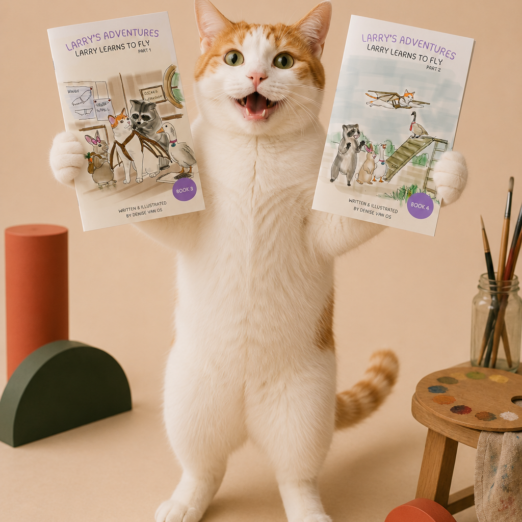 A white and orange cat stands on its hind legs holding two illustrated booklets titled 'Lizzy's Adventures: Lazy Living Today' against a warm beige studio background with colorful geometric props and a small stool.