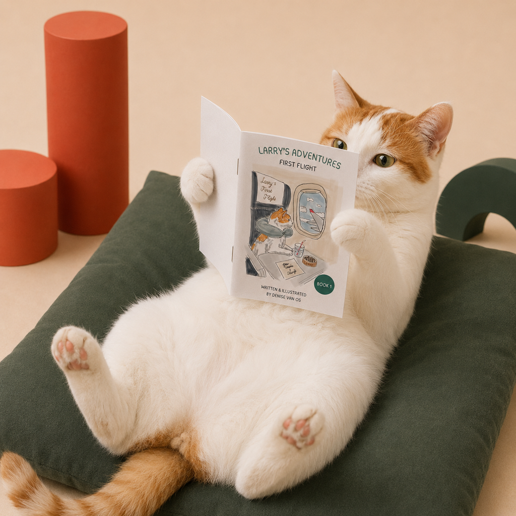 Cat holding a book titled 'Larry's Adventures' on a green cushion with orange cylindrical objects in the background.