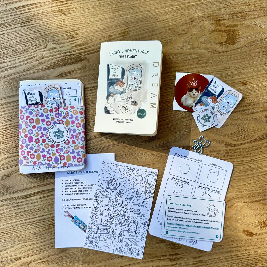 A children's activity book  by 'Larry's Adventures' arranged on a wooden tabletop. The set includes a small notebook with a colorful floral pattern, a white hardcover book, several printed cards, and a small sticker or charm.