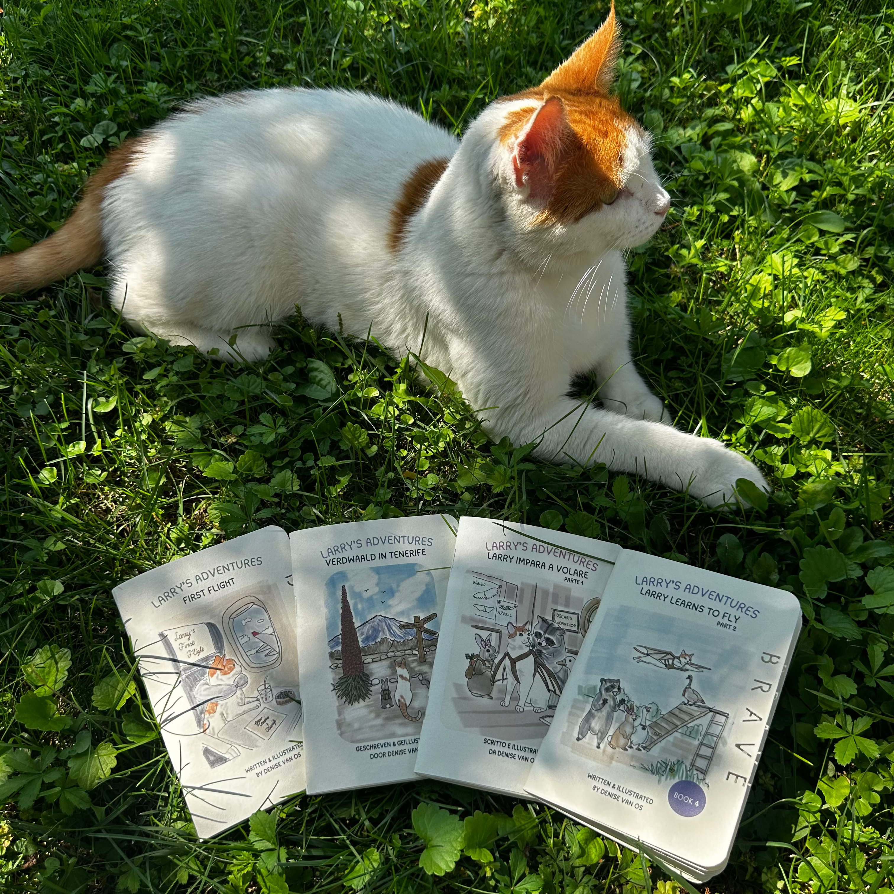 A white and orange cat lies on green grass beside three open illustrated books titled  The scene is outdoors in sunlight, with the cat looking to the right and the books spread open in the foreground.