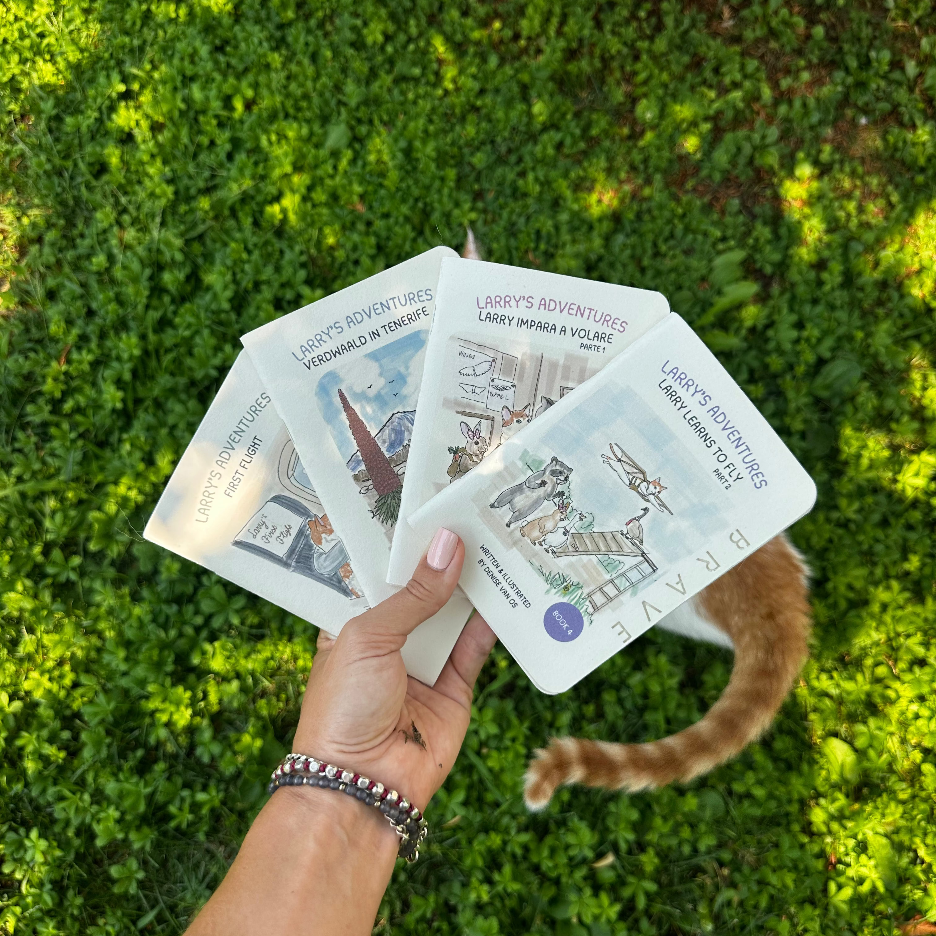 A hand holds three copies of 'Larry's Adventures books against a background of green grass with a cat's tail visible on the right.