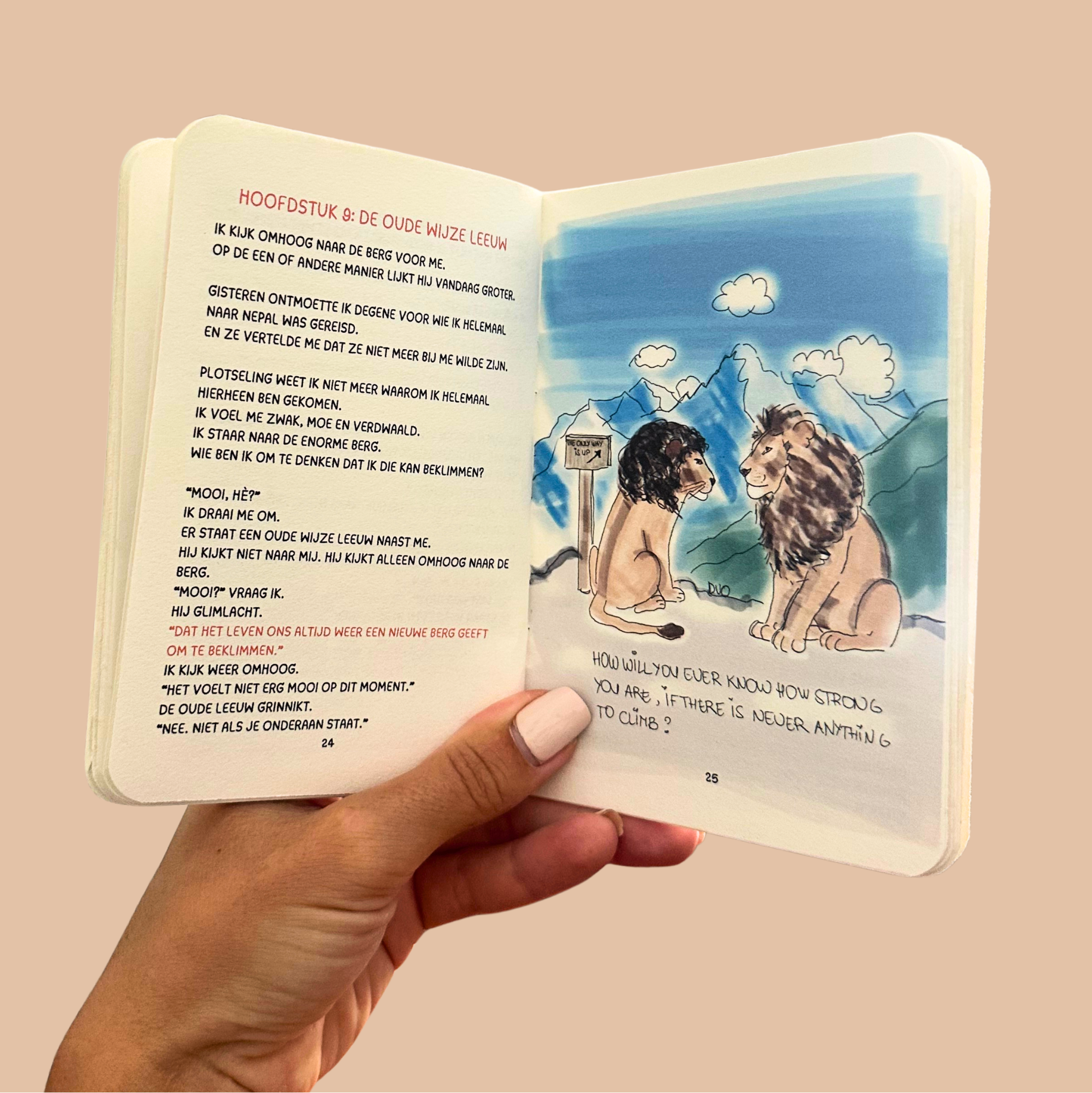 A hand holding open a children's book with Dutch text on the left page and a watercolor-style illustration of two children on the right page, against a solid beige background.