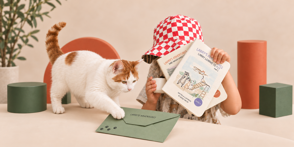 A child wearing a red-and-white checkered bucket hat sits at a table holding a book, with a white and orange cat beside them touching a green envelope. The scene is styled with geometric props and a plant against a warm beige background.